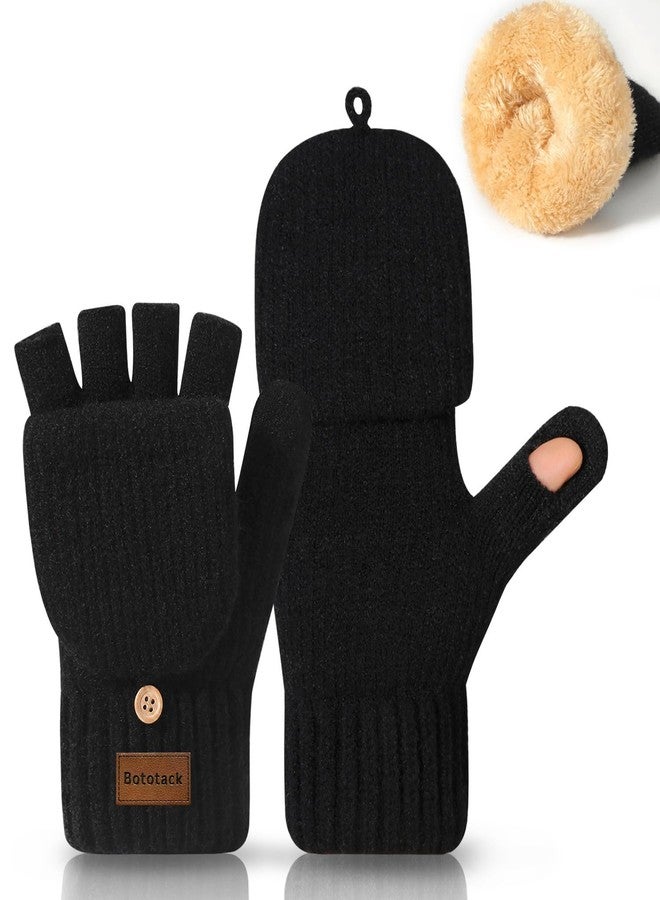 Bototack Winter Fingerless Gloves Warm Thermal Knitted Convertible Mittens Flap Cover for Women Men Typing Driving Working (Black) - Image 1